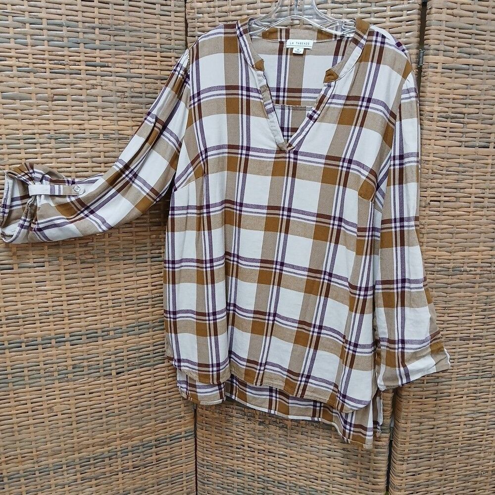La Threads 1X Lightweigt Flannel Plaid Ivory Purple Tan Roll Tab Sleeve V Neck